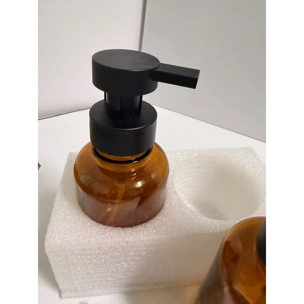 Amber Glass Soap Dispenser Set Matte Black Pump Refillable Bottles 2pc